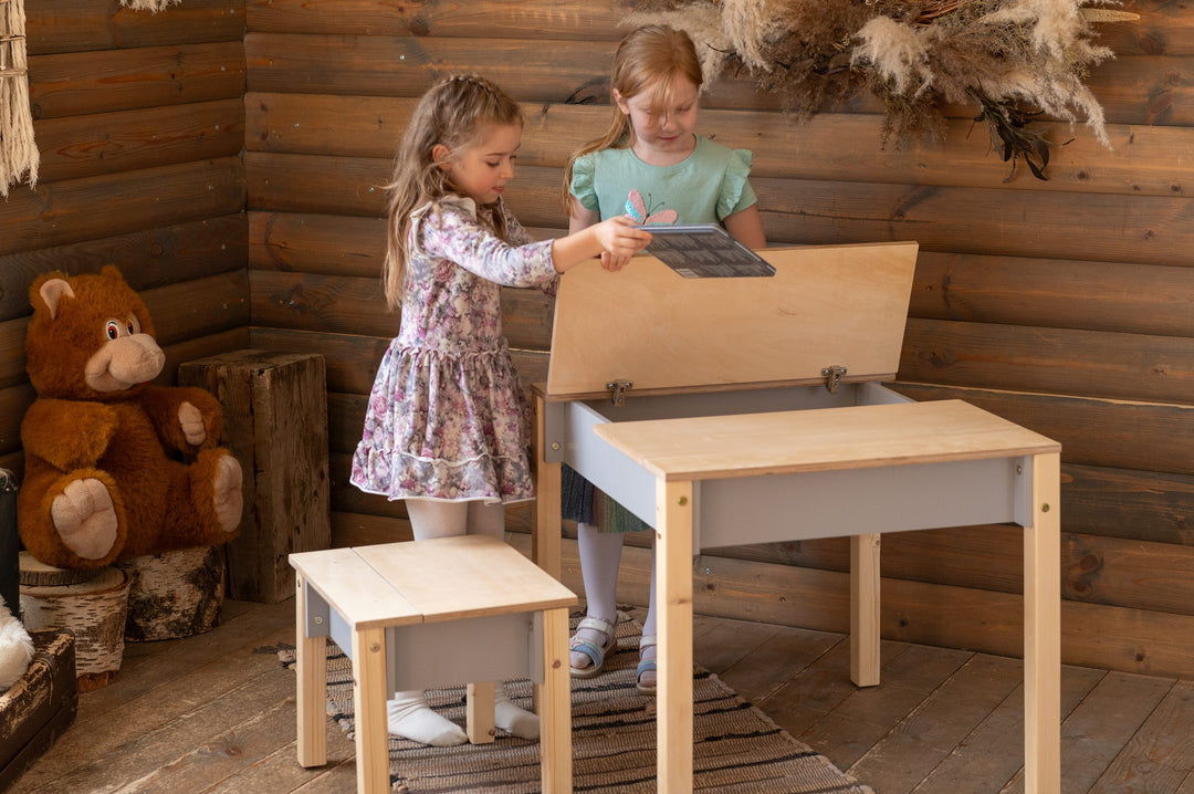 Sæt med smart opbevaringsbord og stol, grå og naturfarvet