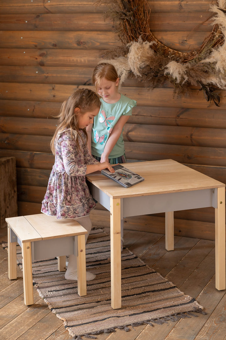 Sæt med smart opbevaringsbord og stol, grå og naturfarvet