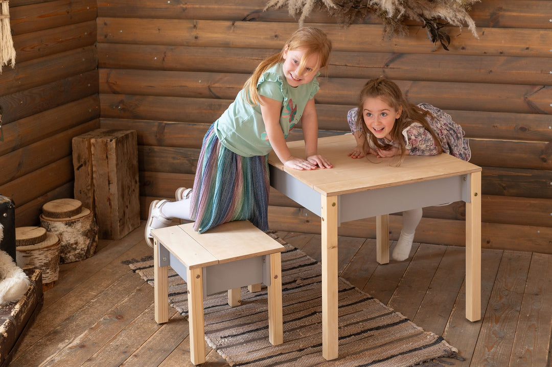 Sæt med smart opbevaringsbord og stol, grå og naturfarvet