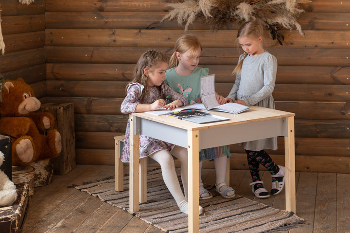 Sæt med smart opbevaringsbord og stol, grå og naturfarvet