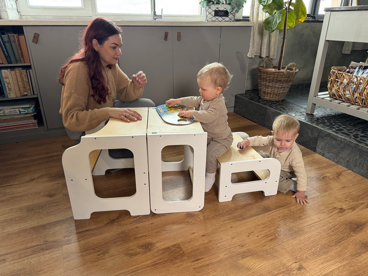 Læringstårn i træ, hvid og naturfarvet