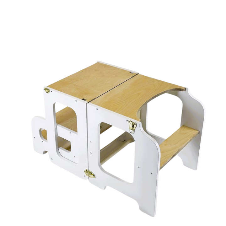 Læringstårn i træ, hvid og naturfarvet