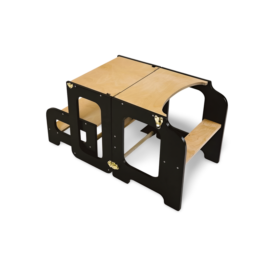 Læringstårn i træ, sort og naturfarvet