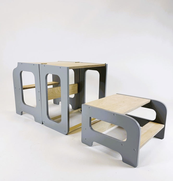 Læringstårn i træ, grå og naturfarvet