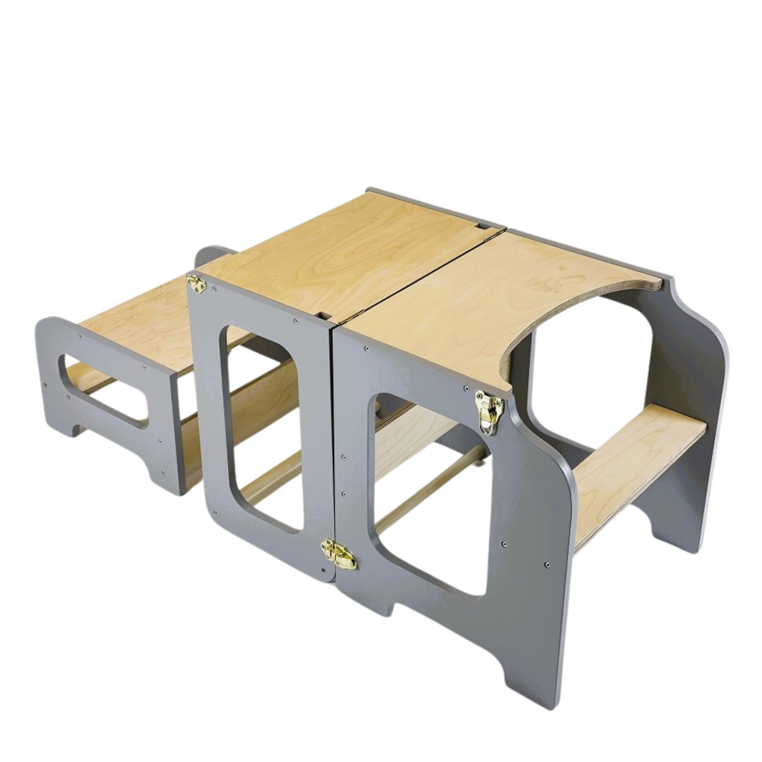 Læringstårn i træ, grå og naturfarvet