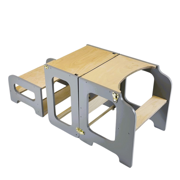 Læringstårn i træ, grå og naturfarvet