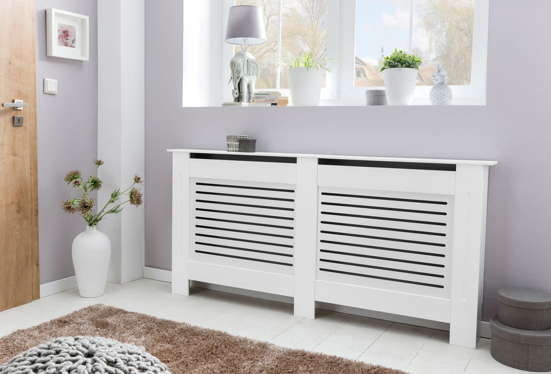 Designer radiatordæksel WL5.746 Hvid matlakeret 152x83x19 cm, Stor radiatordæksel, Radiatordæksel med trælameller, Radiatordækselbeskyttelse