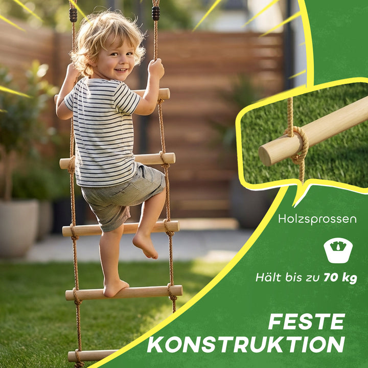 Rebstige til børn, 5-trins klatrestige med 2 karabinhager og 2 træstropper, til alderen 3-8, 40 x 3,5 x 180 cm, naturtræ