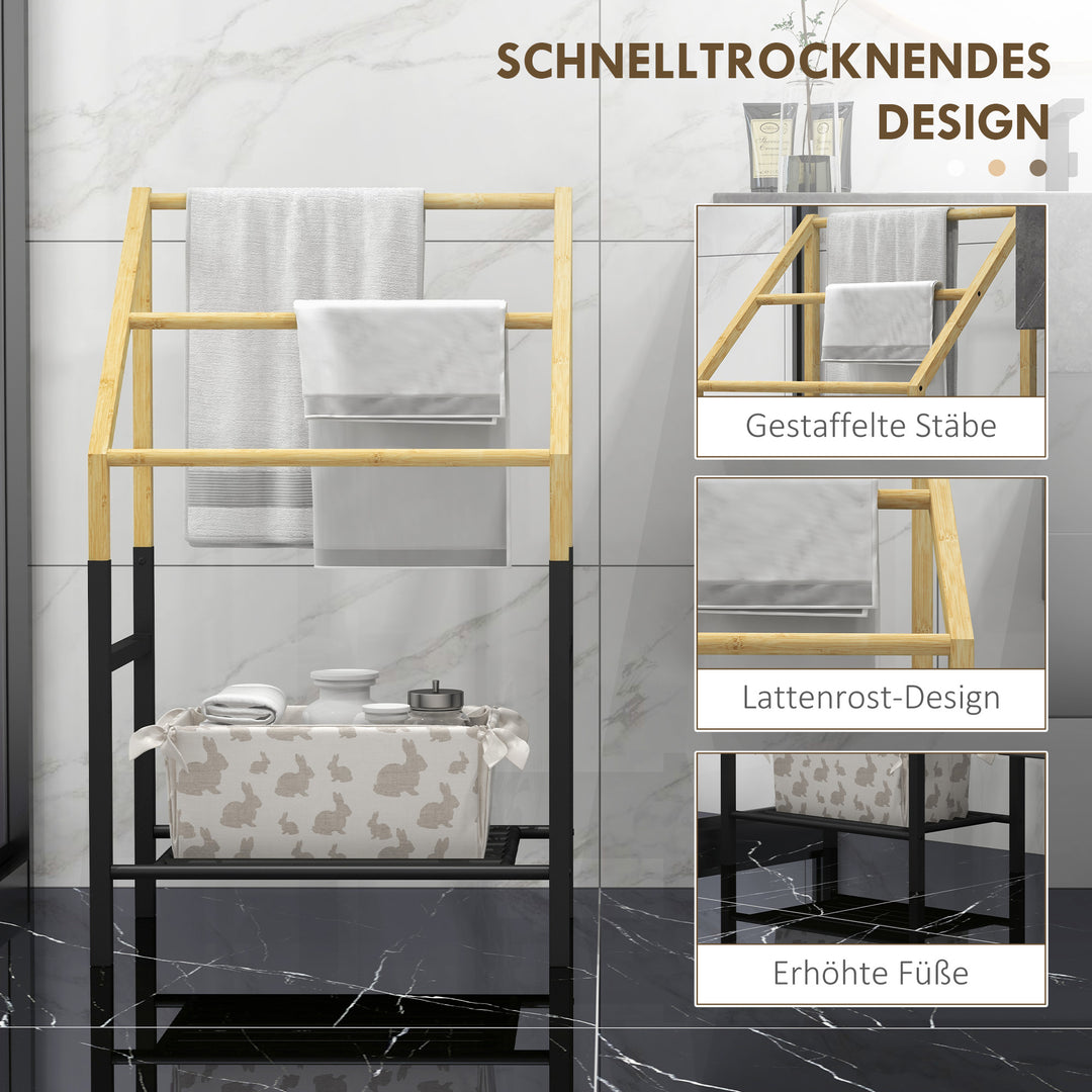 Håndklædetørrer, fritstående, 3 stænger, 51x31x85,5cm, sort/naturfarvet