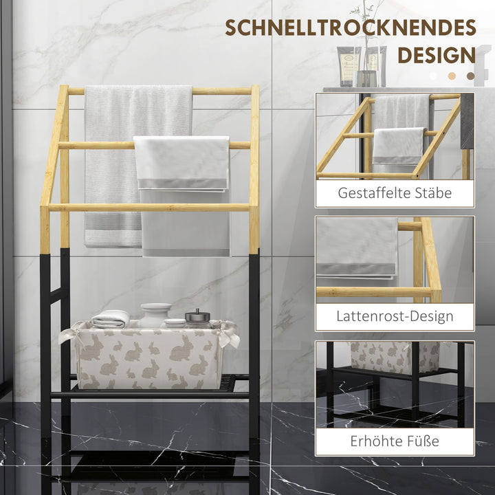 Håndklædetørrer, fritstående, 3 stænger, 51x31x85,5cm, sort/naturfarvet