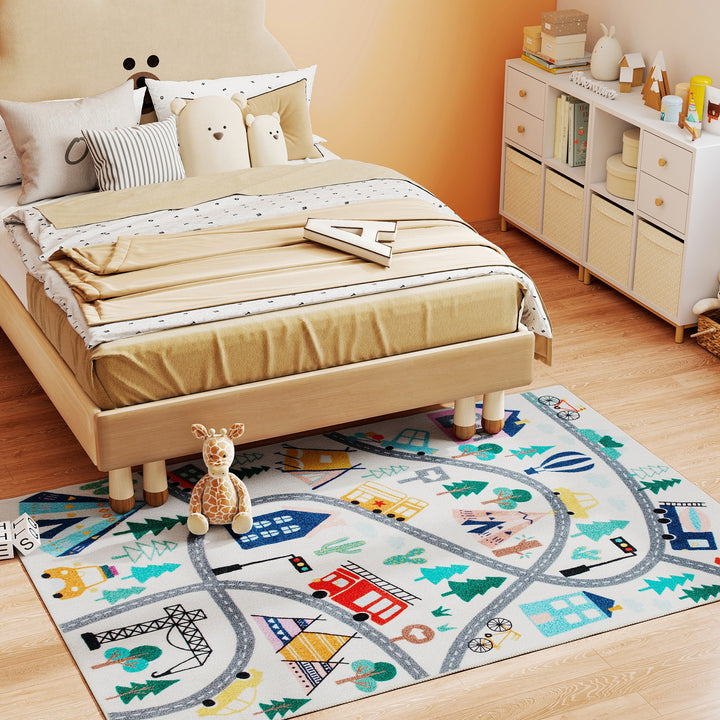 Highway pattern tæppe, hvid baggrund, blød fleece, nem at pleje, farverig