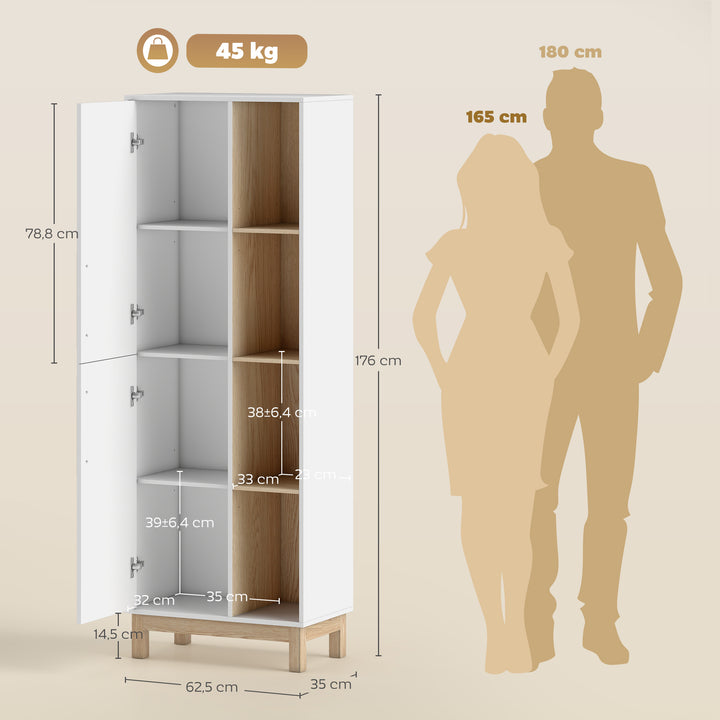 176 cm høj reol, 4 åbne hylder, 2 skabe, fritstående reol, MDF, hvid