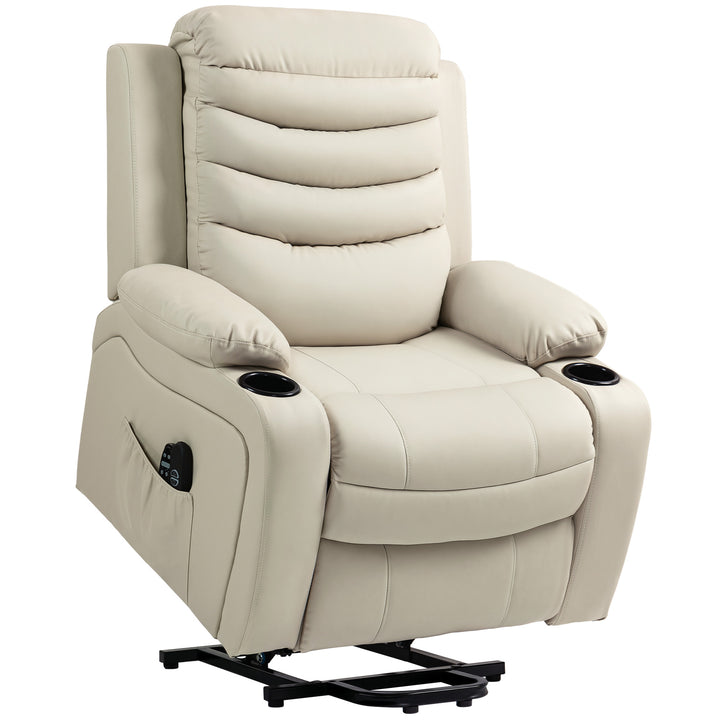 Elektrisk TV-lænestol med løftefunktion, massage, varme, USB-porte, PU, creme