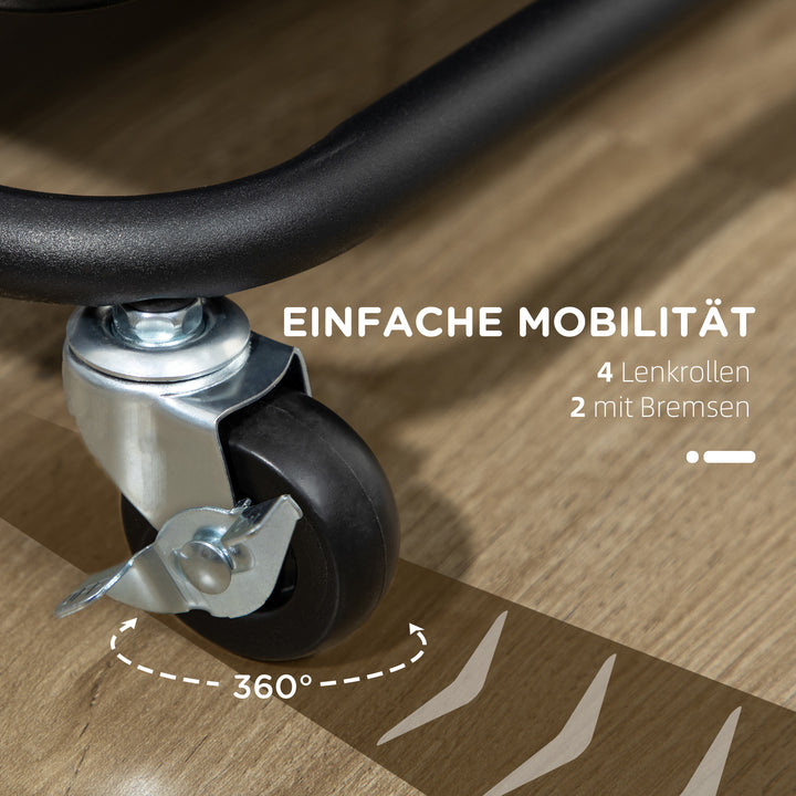 3-Lags rullevogn med opbevaringskurve og kroge til køkken eller stue, stål, plastik, sort