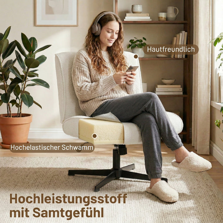 Drejelig accentstol, fløjlsbetrukket loungestol med højdejustering til stue, kontor, cremehvid