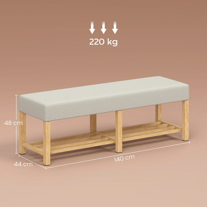 140 cm massivt træ skobænk, moderne entrébænk med polstret sæde til to personer, naturtræ og cremehvid