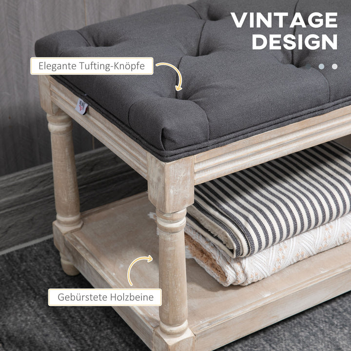 Vintage design opbevaringsbænk med knapper, gummitræ, 115x40x48cm, grå
