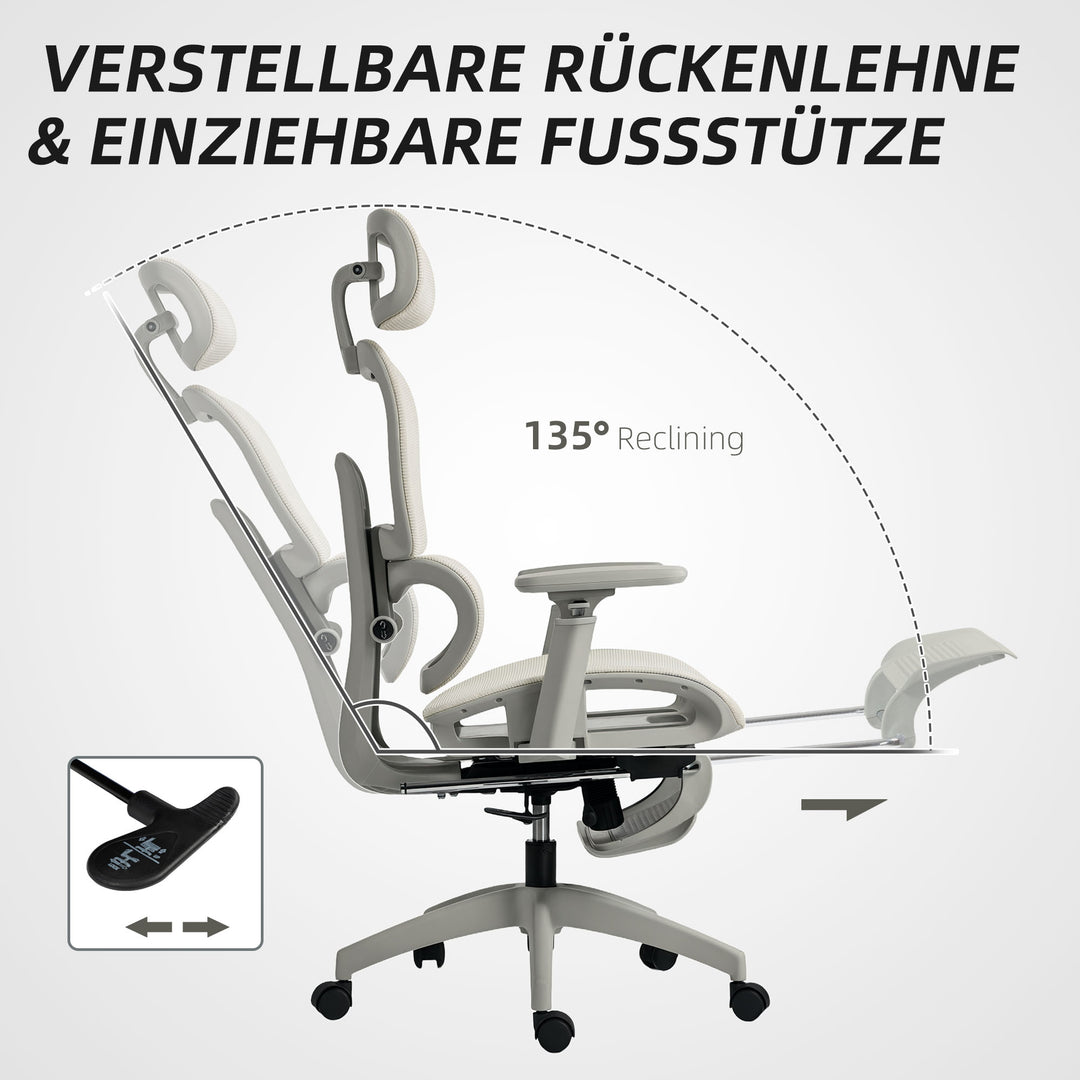 Kontorstol, ergonomisk skrivebordsstol med betræk af netstof, justerbar, hjul, med armlæn og nakkestøtte, beige