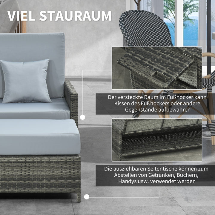 Havesofa med lænefunktion, udtrækkelig fodskammel med opbevaringsplads, sædehynde, grå, 130 x 72 x 96 cm