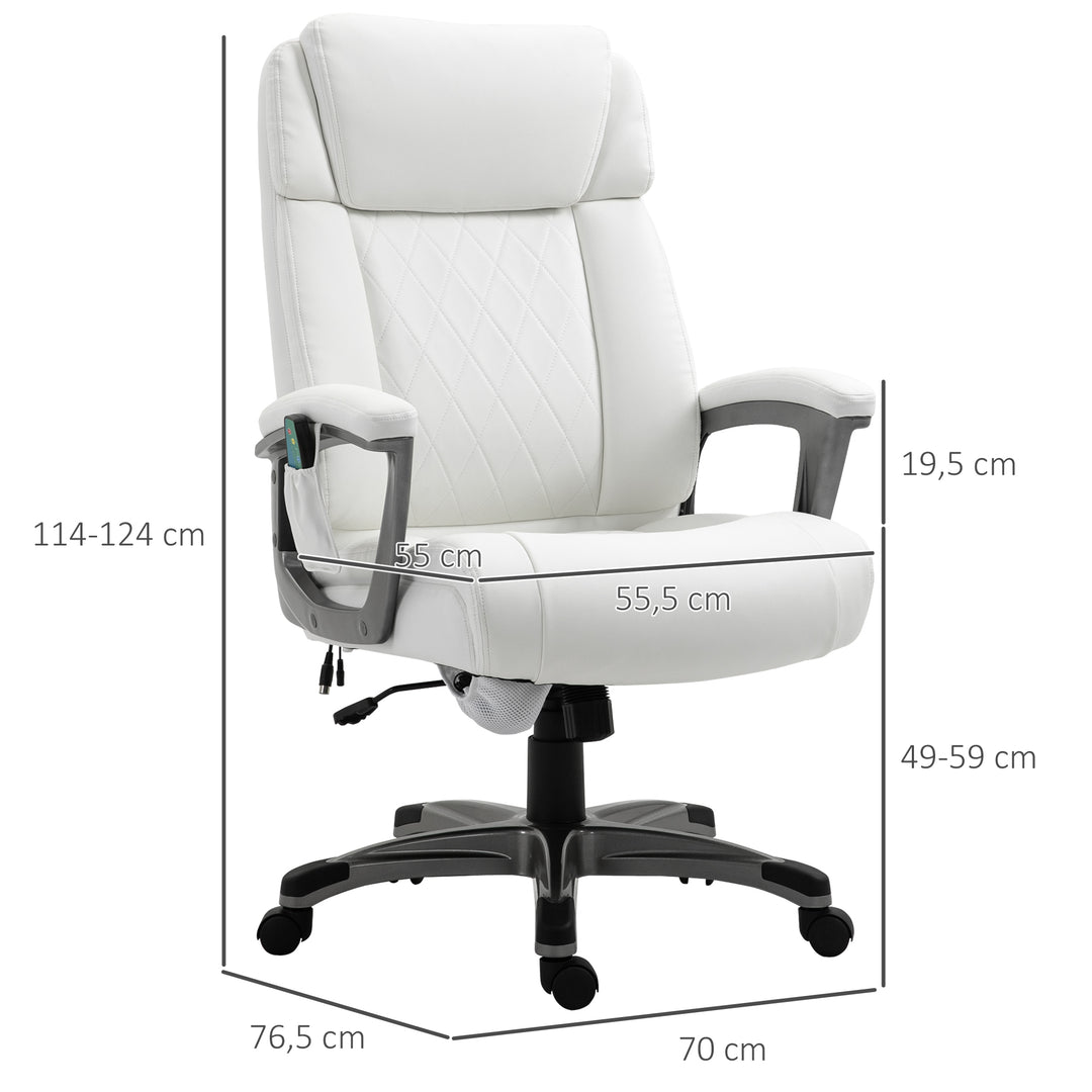 Massage kontorstol 6-punkts massage drejestol ergonomisk stol justerbar kunstlæder med buet nakkestøtte og armlæn hvid 70 x 76,5 x 114-124 cm