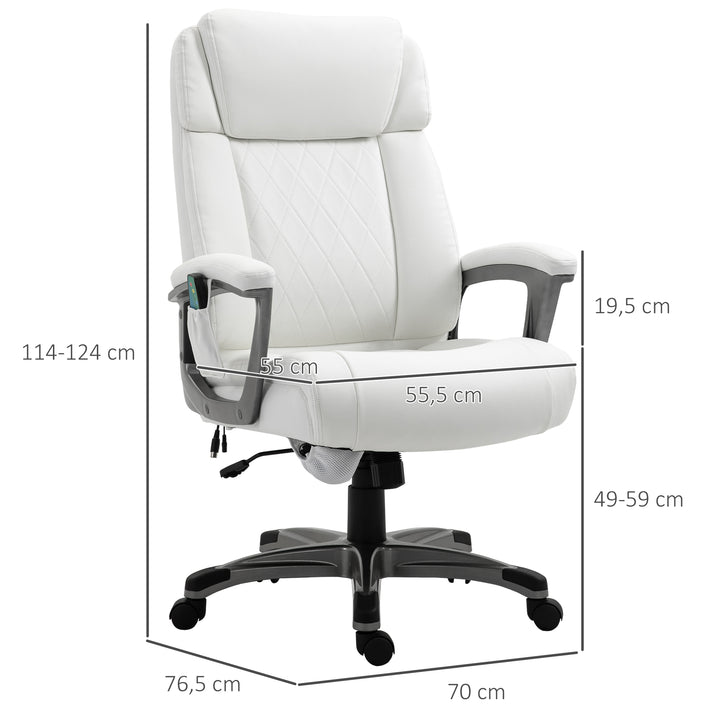 Massage kontorstol 6-punkts massage drejestol ergonomisk stol justerbar kunstlæder med buet nakkestøtte og armlæn hvid 70 x 76,5 x 114-124 cm