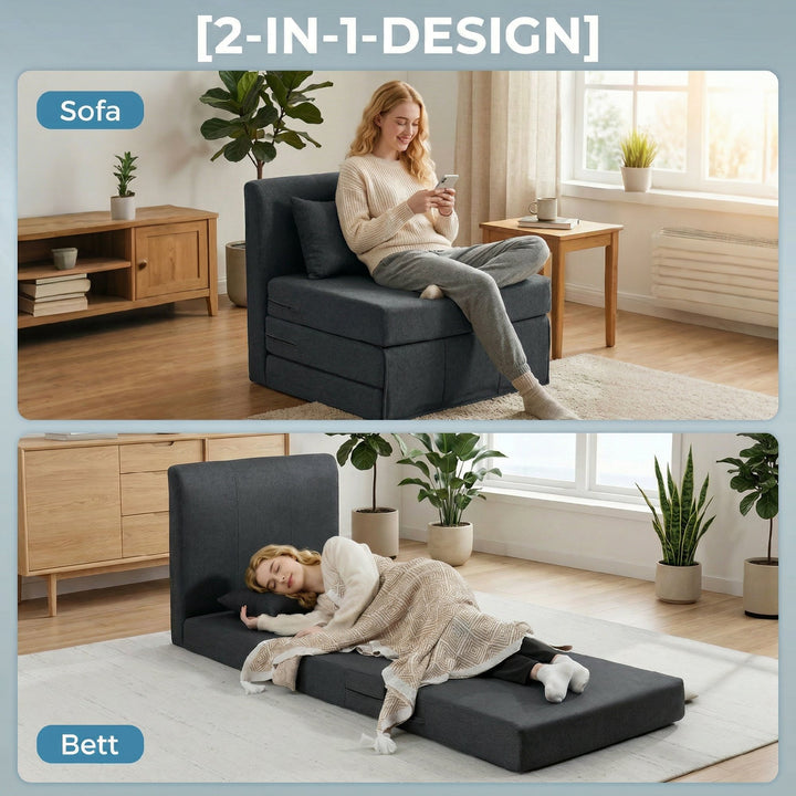 2-i-1 sovesofa, foldbar sovesofa med hørtekstur, polstret gæsteseng, klapstol, mørkegrå