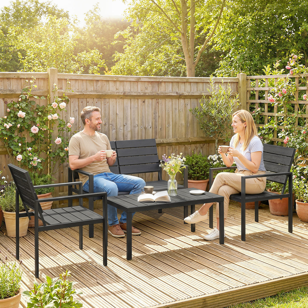 Havemøbelsæt, 4 personer, med 2-personers sofa, 2 lænestole, bredt sofabord, HDPE-lameller, vejrbestandig, sort