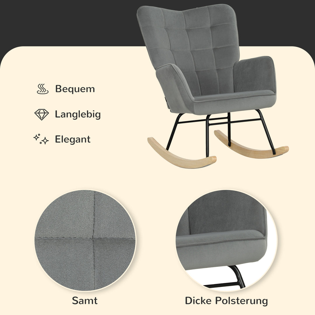 Vintage gyngestol, buede løbere, tykt polstring, bøgetræ og stål, mørkegrå