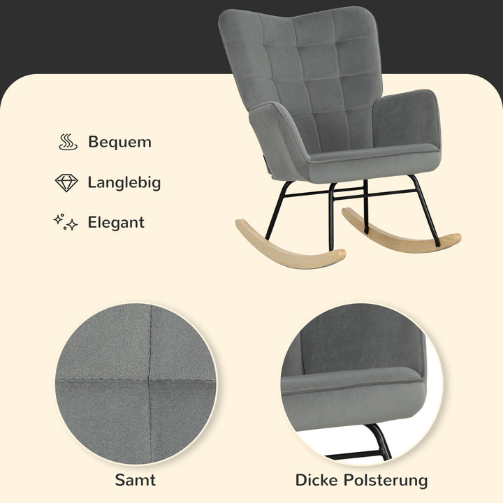 Vintage gyngestol, buede løbere, tykt polstring, bøgetræ og stål, mørkegrå