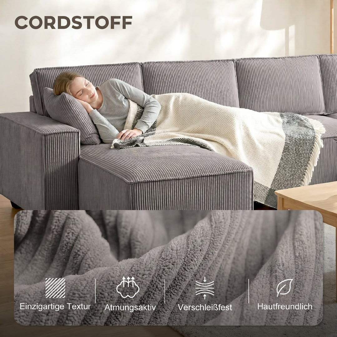 Hjørnesofa med dobbelt chaiselong, U-formet sofa i corduroystof med bredt og dybt sæde, hynder med fjederkerne, lysegrå