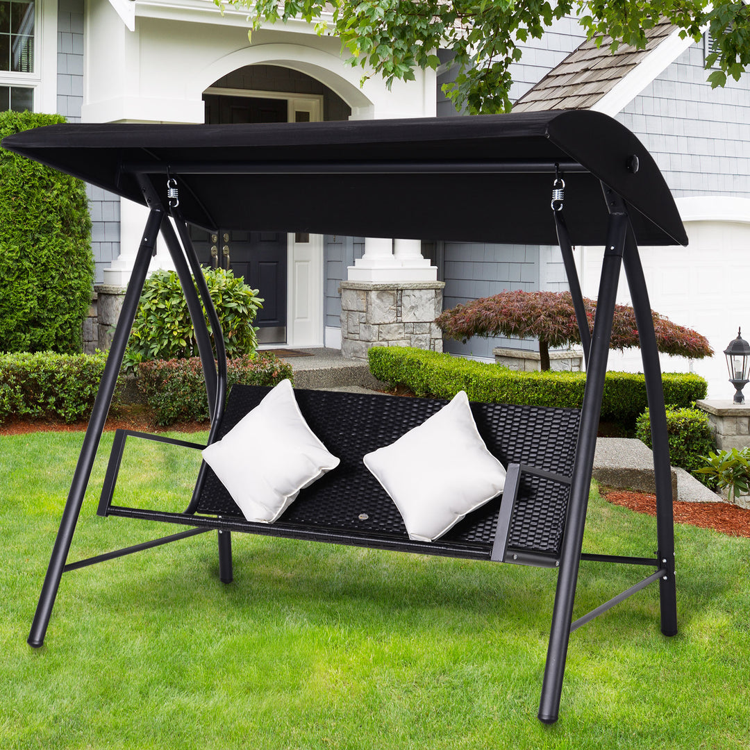 3-Personers verandagynge lavet af polyrattan og metal med hynder, lasteevne op til 360 kg, ny (sort)