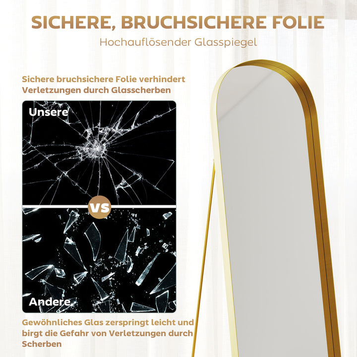 Spejl i metalramme i fuld længde, 160 x 50 cm, guldramme, til stue, soveværelse