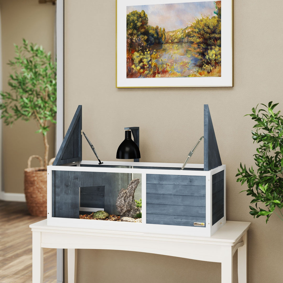 Skildpaddehus med letåbnende top, lysarmatur, transparent front, 120 x 50 x 40 cm, grå