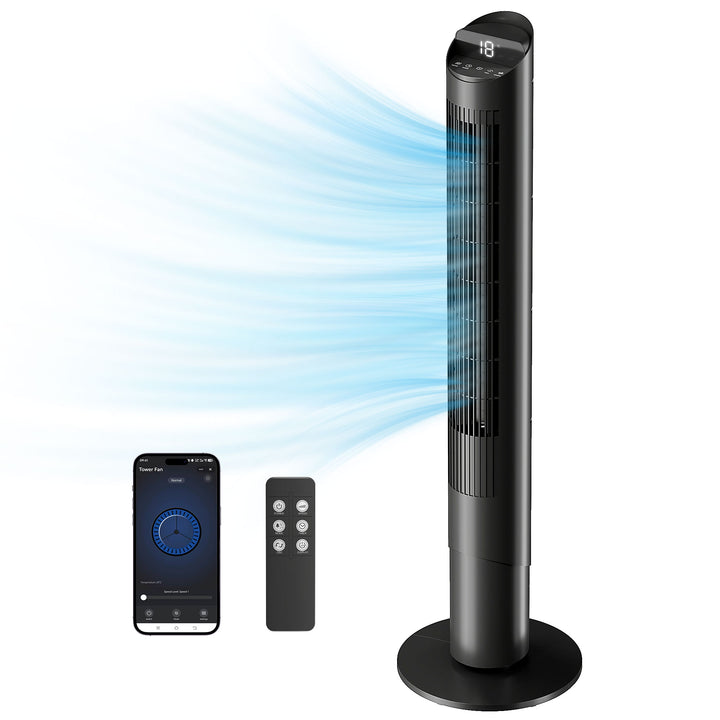 116 cm tårnventilator, standerventilator med fjernbetjening, WiFi-app-styring, 65° oscillation, 6 hastigheder, 4 tilstande