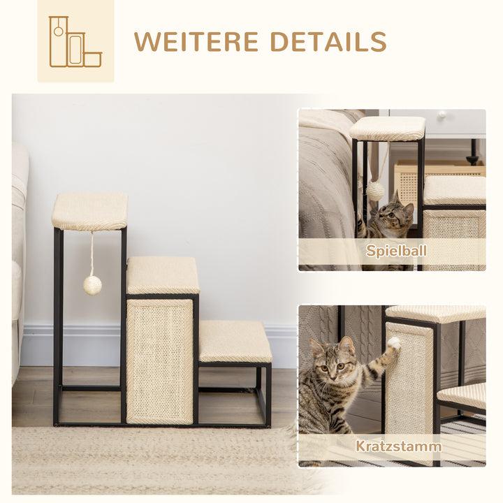 Kattetrappe med kradsebræt, 3 trin, legebold, robust, stål+sisal, cremehvid+sort, 51 x 54 x 53 cm