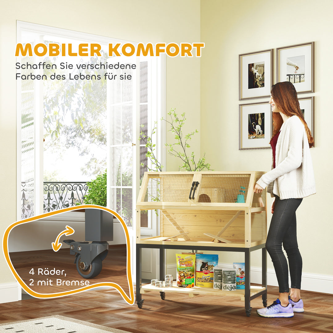 Træbur til dværghamstere med opbevaringsrum, hjul, ramper, vandflaske, hytte, vippe, 87 x 43 x 101 cm