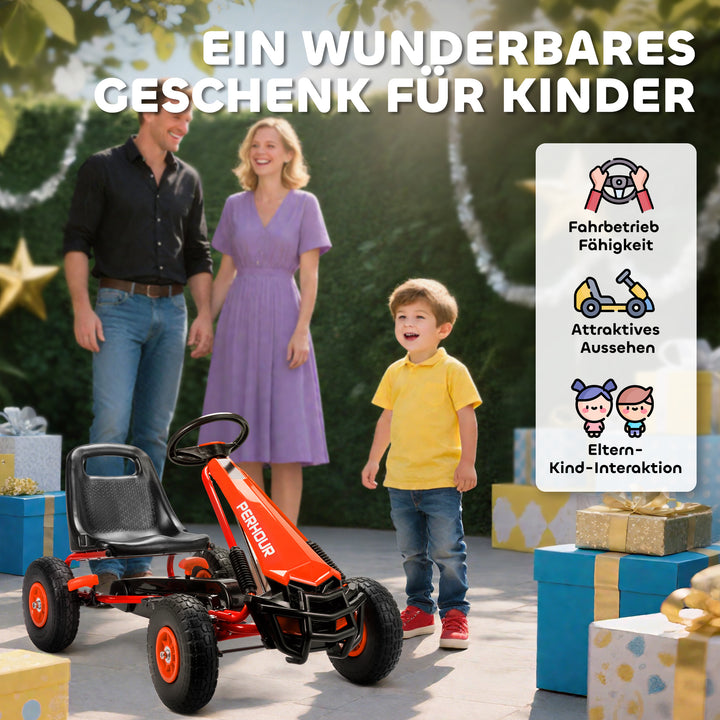 Pedal-gokart til børn, højdejusterbart sæde, EVA-hjul, bremse, kobling, alder 3-8, rød
