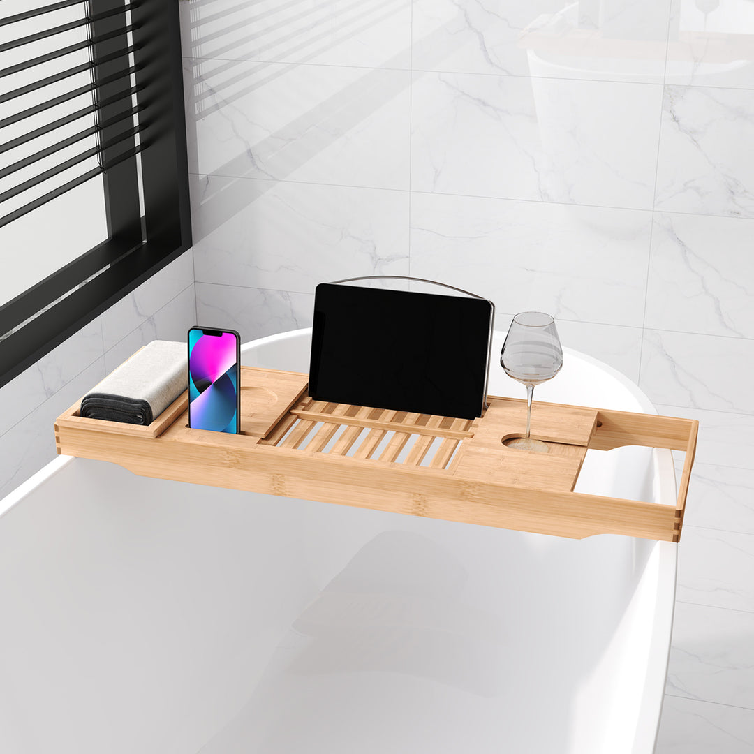 Badekarshylde badekarsbro  badekarsstøtte badekarsbakke, bambus, naturfarvet, (70-105) x 21,8 x 5 cm