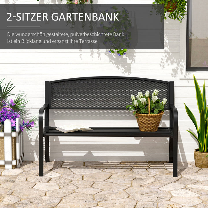 Havebænk, parkbænk, 2-personers, stål, sort, B127 x D60 x H87 cm