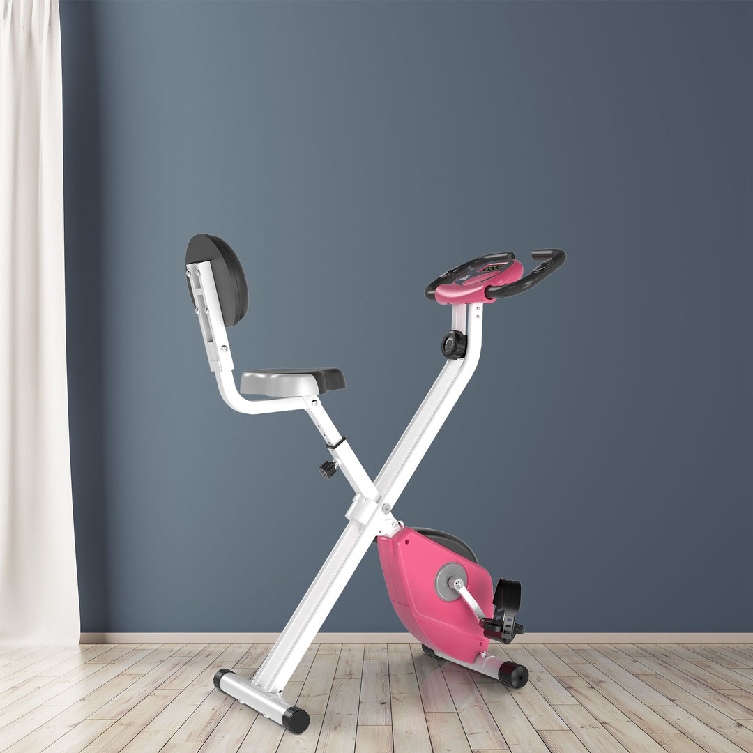 Motionscykel sammenklappelig magnetisk hjemmetræner med lcd-skærm, 8 niveauer justerbar magnetisk modstand, pladsbesparende fitnesscykler til hjemmet pink+hvid