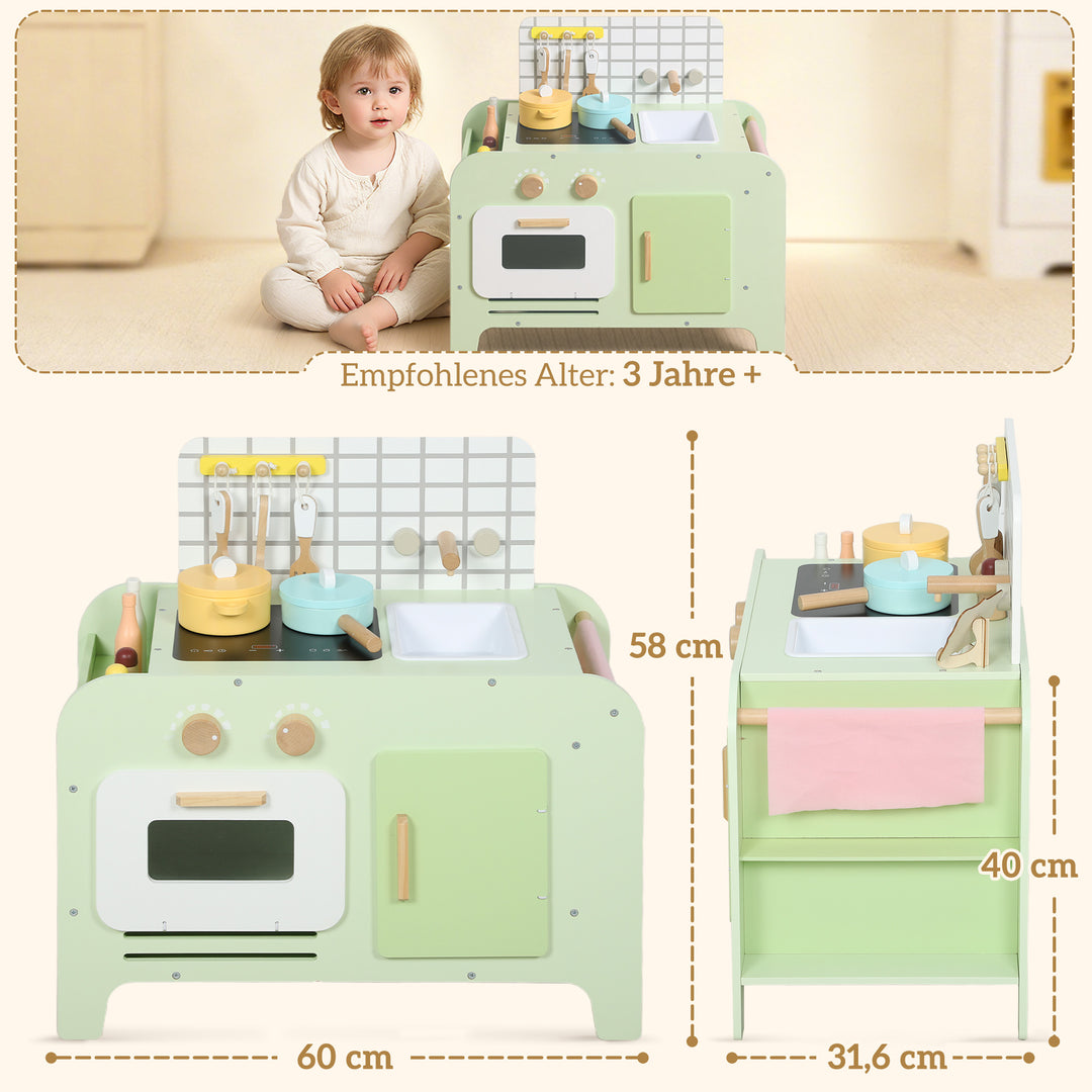Børnekøkkenlegesæt, MDF, 15 tilbehør, skabe, 40 cm, fra 3 år, grøn