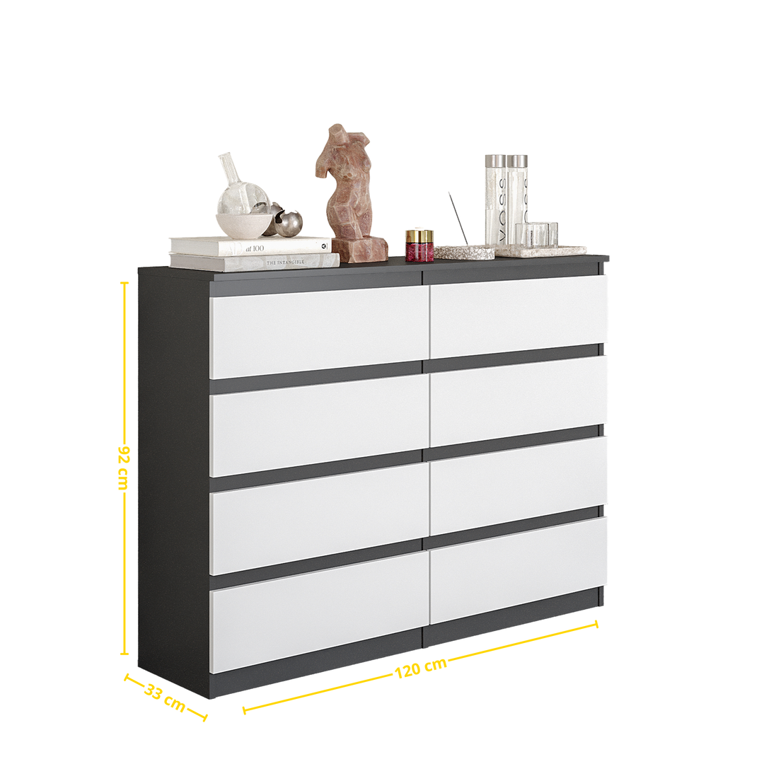 GABRIEL – kommode med 8 skuffer – antracit / mat hvid – H92 cm B120 cm D33 cm