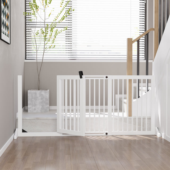 Hundegitter dør sikkerhedsgitter træsikkerhedsgitter fritstående hundegitter med dør hundebarrier konfigurationsgitter til pejs og komfur hvid 113-166 x 36 x 71 cm