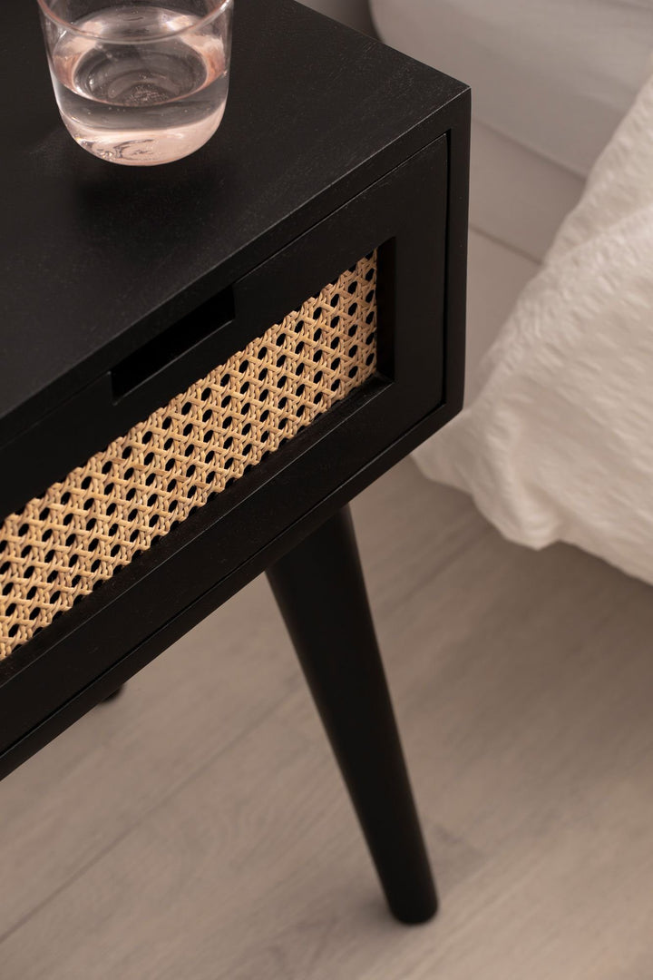 Minimalistisk sengebord i massivt træ / rattan 40x60x30 cm, sort og brun