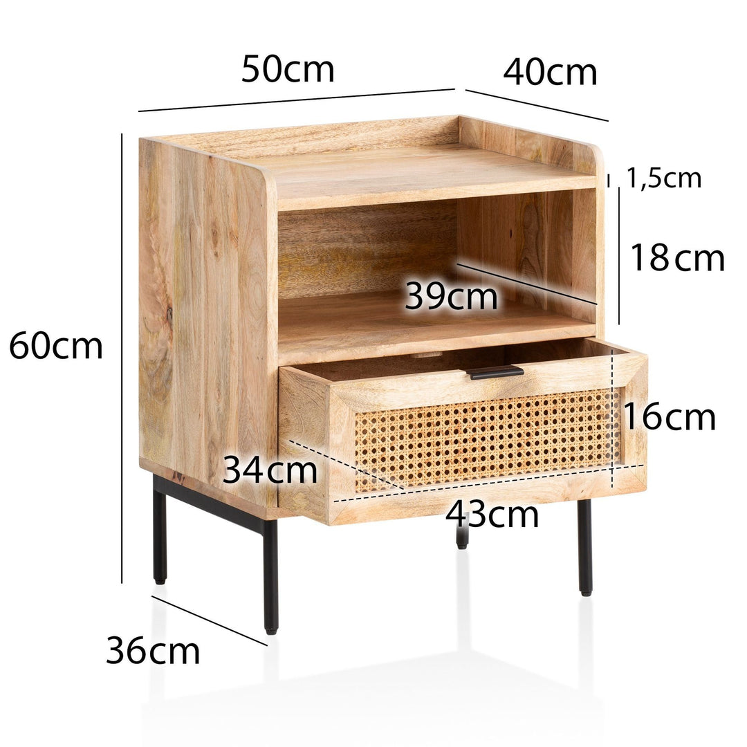 Stilfuldt sengebord i massivt træ / rattan 50x60x40 cm, naturfarvet