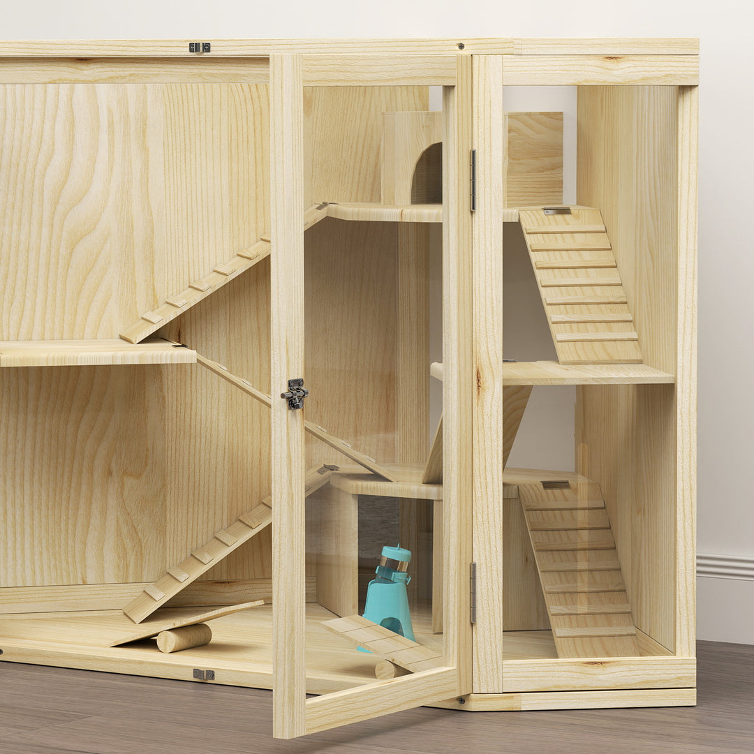 Hamsterbur, 4-etagers design, med foderstation, vippe, rampe, hytter, 115 x 69,5 x 79 cm, træ
