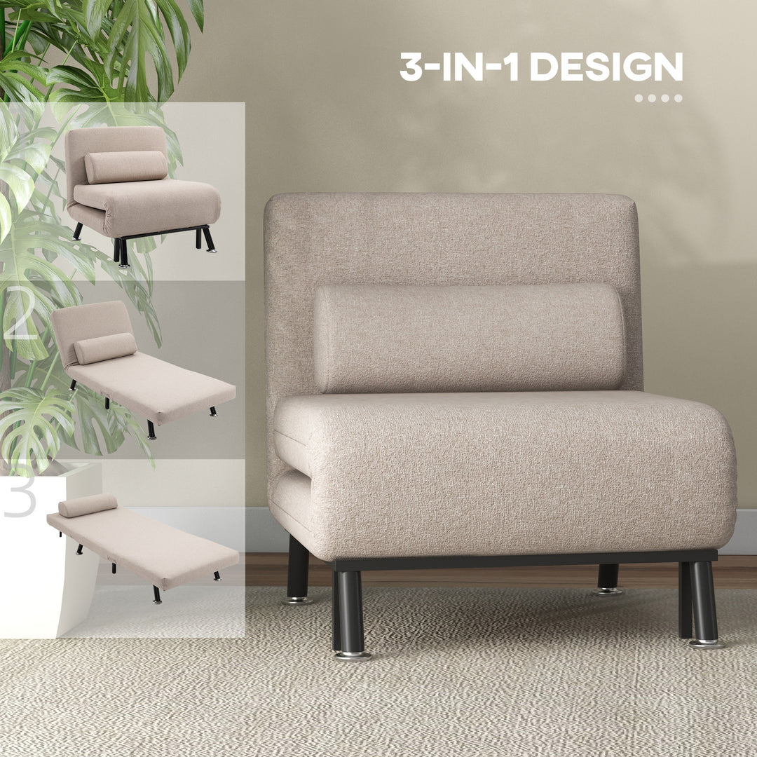Klapstol med sengefunktion, foldbar afslapningsstol i linnedlook, justerbar ryglæn, 75 x 70 x 75 cm, beige