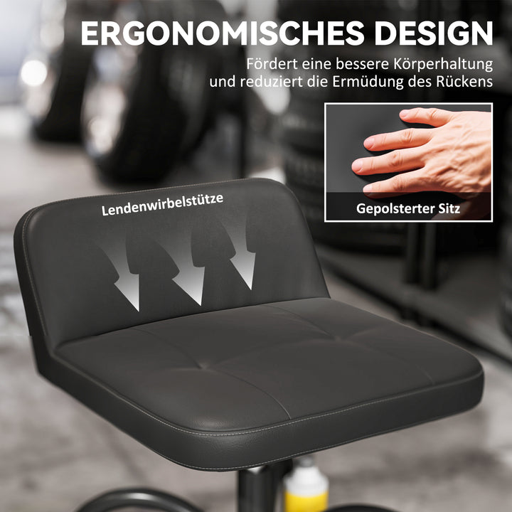 Værkstedsskammel med hjul, opbevaringsplads, 58,5 cm høj, rulleskammel, lasteevne op til 135 kg, sort