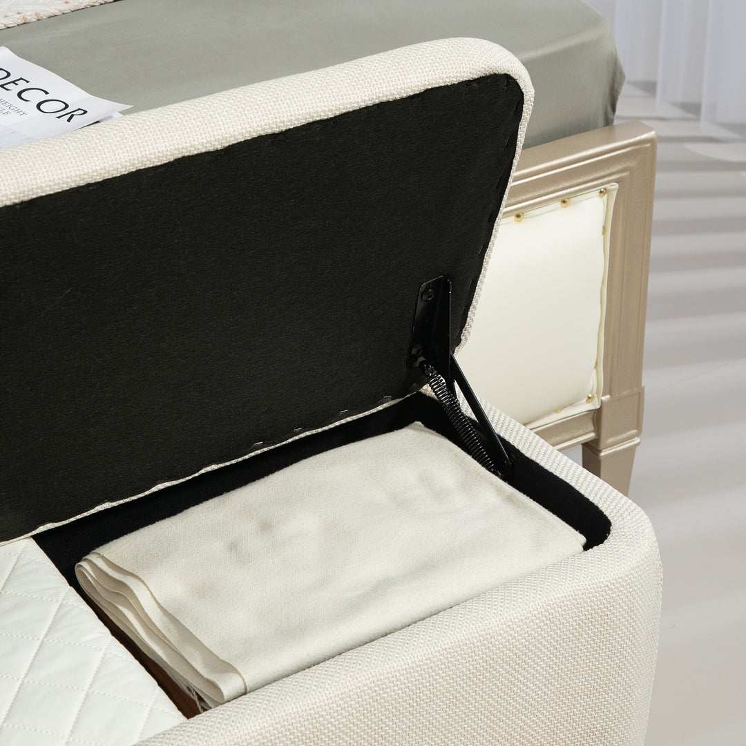 Skammel med opbevaringsplads, bænk med skumpolstring, imiteret linned, 111 x 44 x 44,5 cm, cremehvid