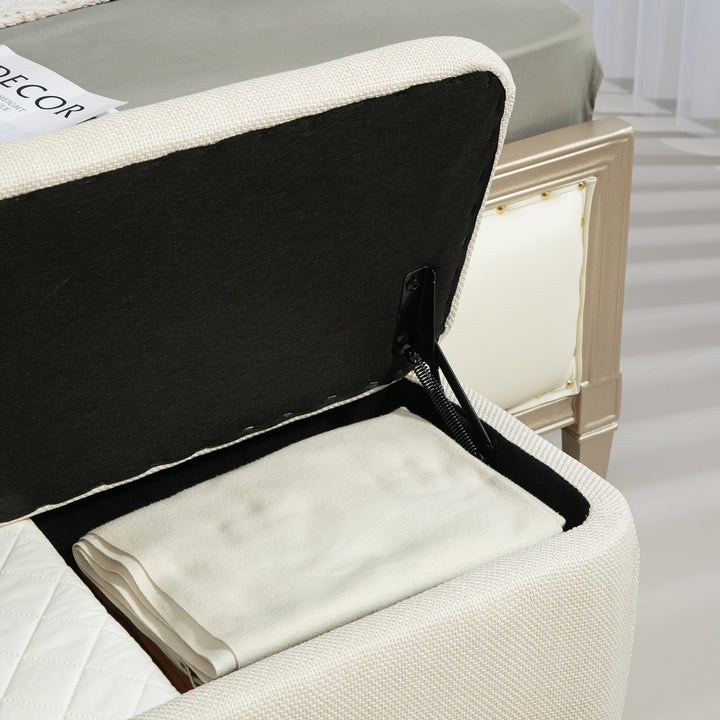 Skammel med opbevaringsplads, bænk med skumpolstring, imiteret linned, 111 x 44 x 44,5 cm, cremehvid